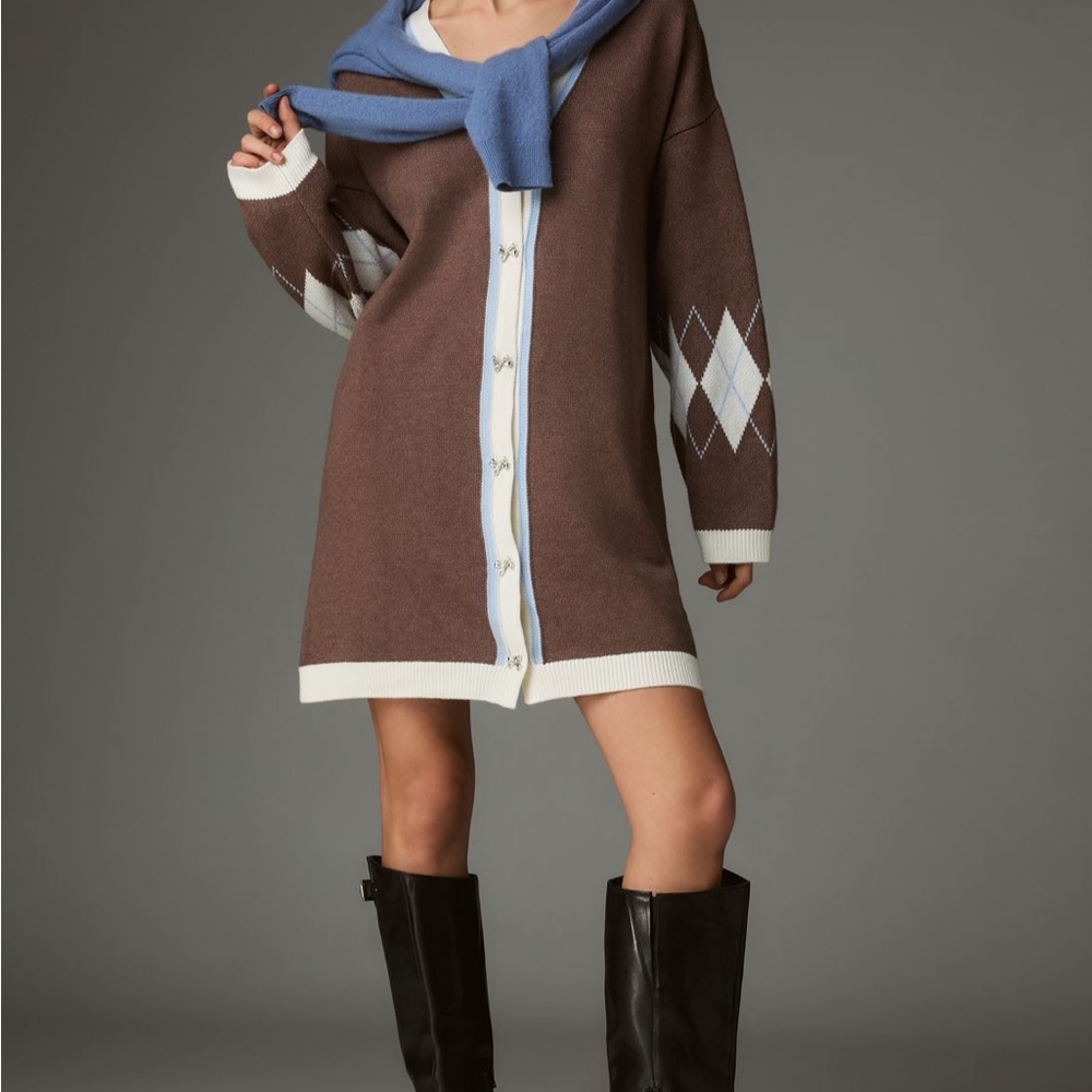Anthropologie Brown Cardigan Dress with Blue Accent